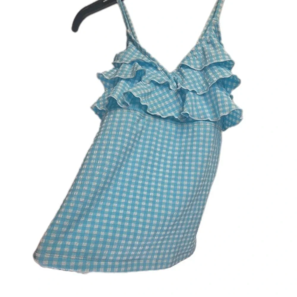 Tommy Bahama Kids Two Piece Swimsuit Gingham Sky Blue Size‎ 14 Ruffles & Ties